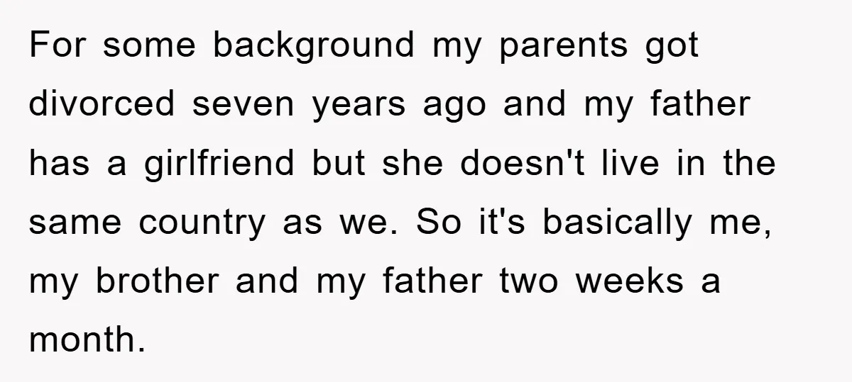 For some background my parents got divorced seven years ago and my father has a girlfriend but she doesn't live in the same country as we. So it's basically me,...