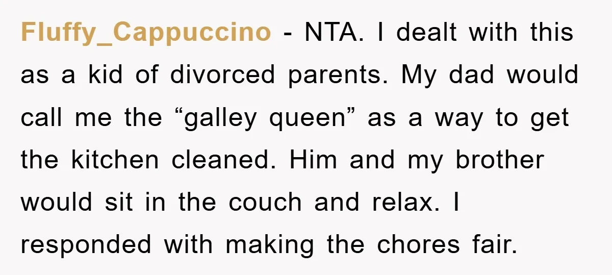 Fluffy_Cappuccino − NTA. I dealt with this as a kid of divorced parents. My dad would call me the “galley queen” as a way to get the kitchen cleaned. Him...