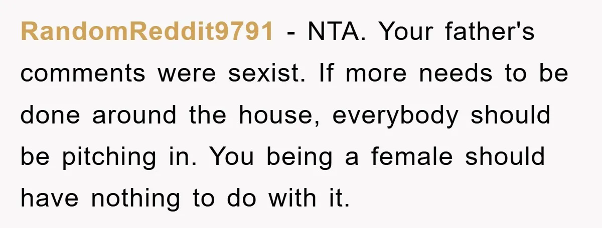 RandomReddit9791 − NTA. Your father's comments were sexist. If more needs to be done around the house, everybody should be pitching in. You being a female should have nothing to...