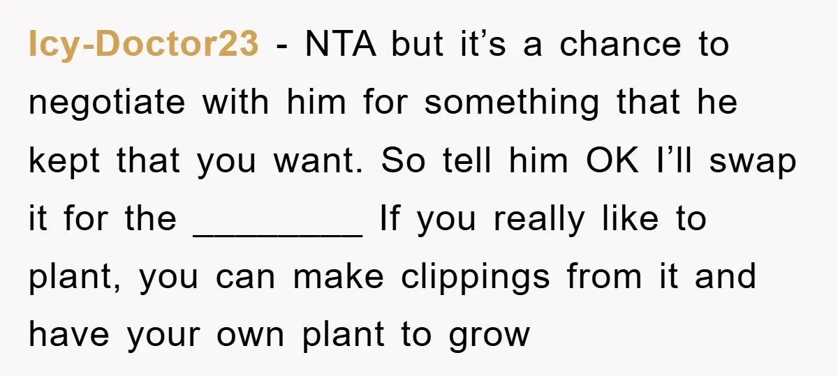Icy-Doctor23 − NTA but it’s a chance to negotiate with him for something that he kept that you want. So tell him OK I’ll swap it for the ________ If...