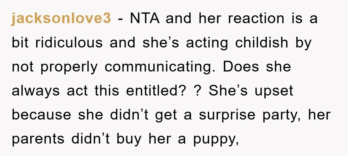 jacksonlove3 − NTA and her reaction is a bit ridiculous and she’s acting childish by not properly communicating. Does she always act this entitled? ? She’s upset because she didn’t...