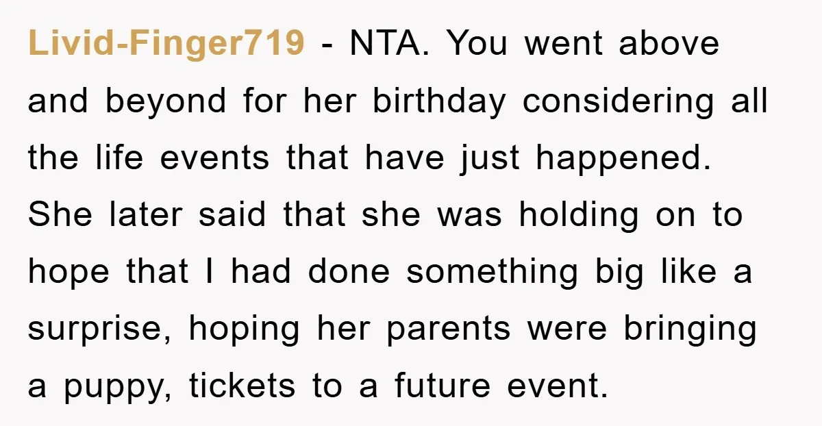 Livid-Finger719 − NTA. You went above and beyond for her birthday considering all the life events that have just happened. She later said that she was holding on to hope...