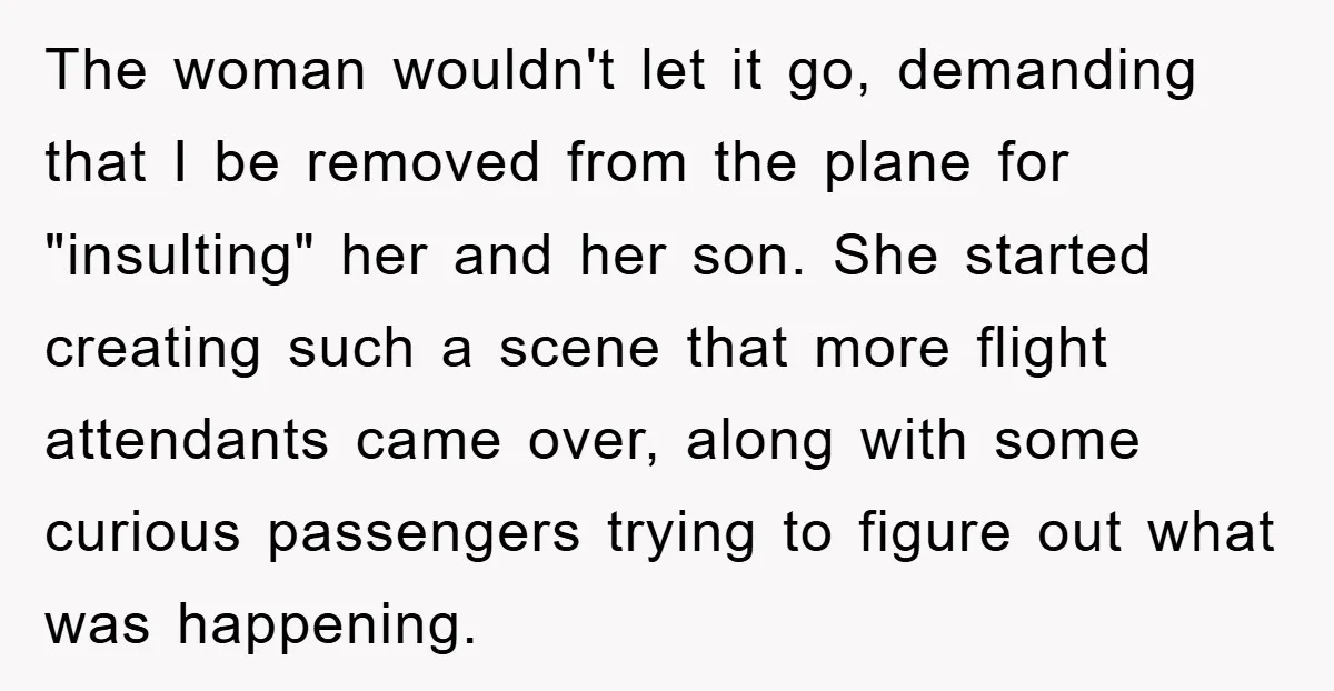 The woman wouldn't let it go, demanding that I be removed from the plane for "insulting" her and her son. She started creating such a scene that more flight attendants...