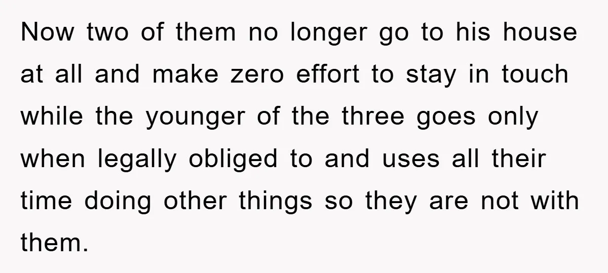 Now two of them no longer go to his house at all and make zero effort to stay in touch while the younger of the three goes only when legally...