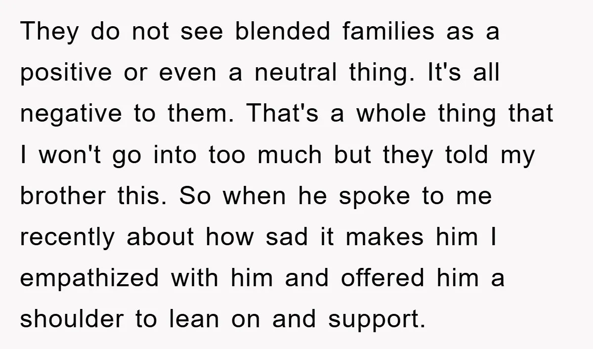 They do not see blended families as a positive or even a neutral thing. It's all negative to them. That's a whole thing that I won't go into too much...