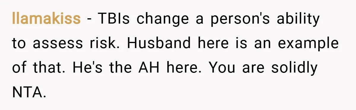llamakiss − TBIs change a person's ability to assess risk. Husband here is an example of that. He's the AH here. You are solidly NTA.