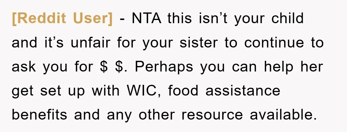 [Reddit User] − NTA this isn’t your child and it’s unfair for your sister to continue to ask you for $ $. Perhaps you can help her get set up...