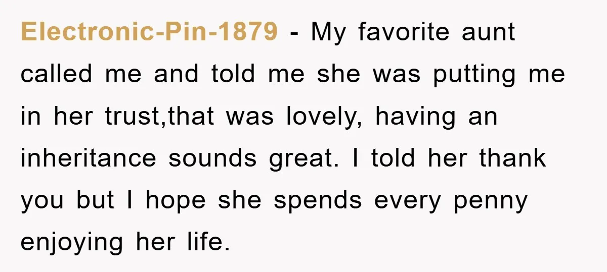 Electronic-Pin-1879 − My favorite aunt called me and told me she was putting me in her trust,that was lovely, having an inheritance sounds great. I told her thank you but...