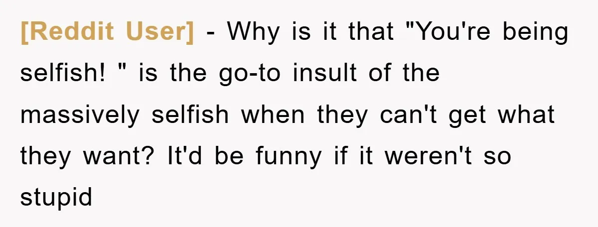 [Reddit User] − Why is it that "You're being selfish! " is the go-to insult of the massively selfish when they can't get what they want? It'd be funny if...