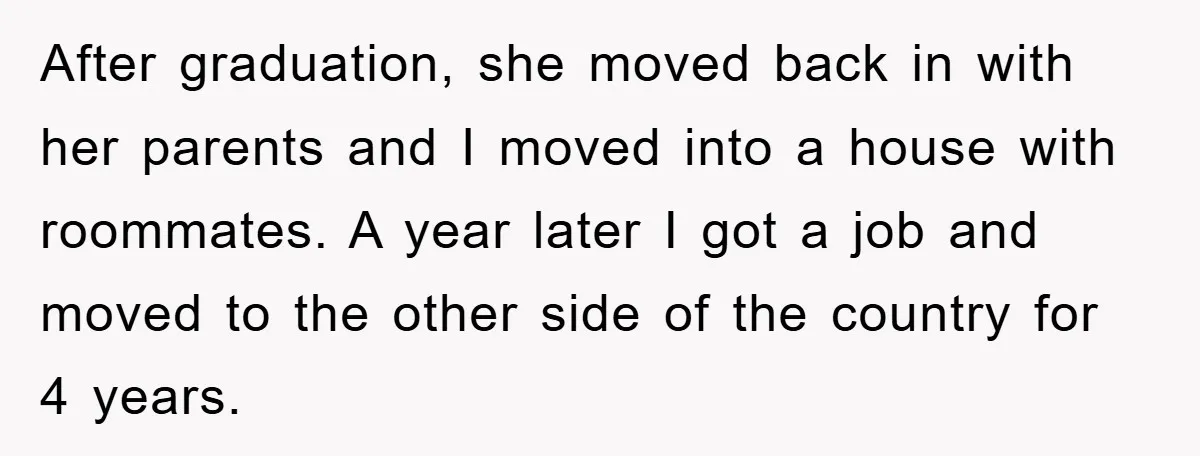 After graduation, she moved back in with her parents and I moved into a house with roommates. A year later I got a job and moved to the other side...