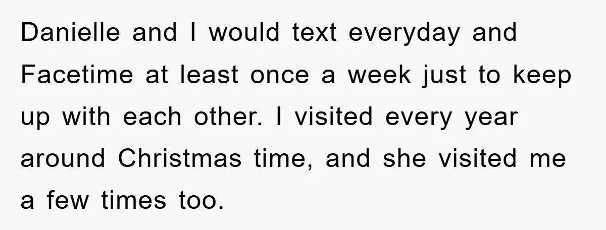 Danielle and I would text everyday and Facetime at least once a week just to keep up with each other. I visited every year around Christmas time, and she visited...