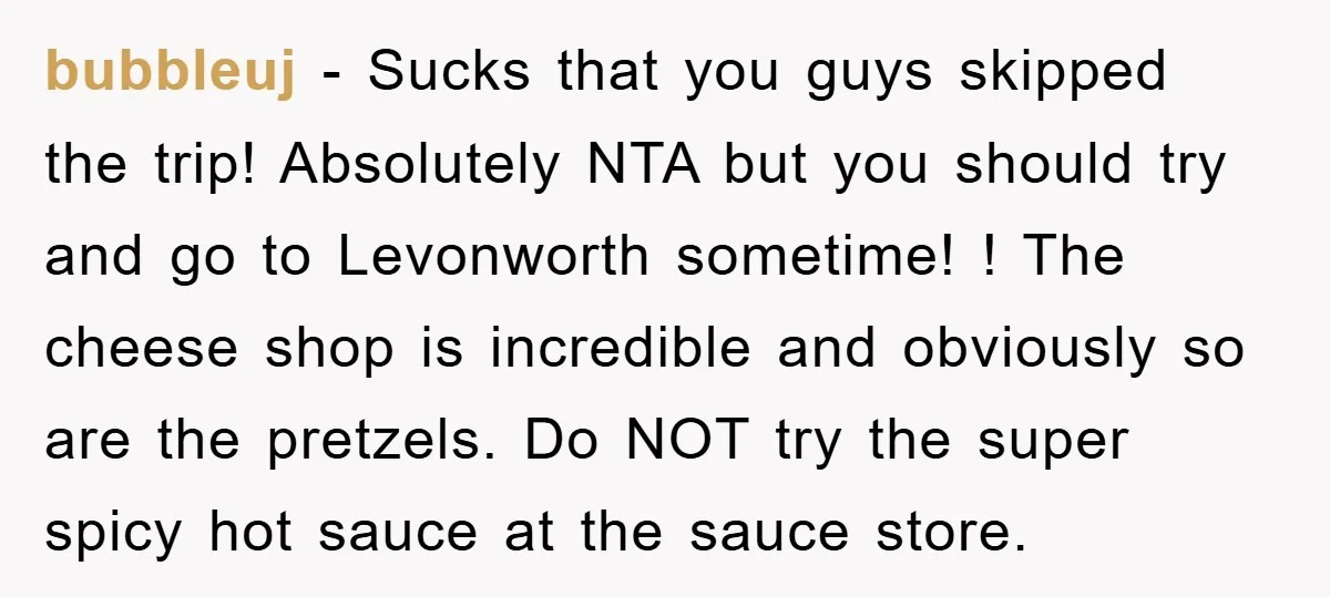 bubbleuj − Sucks that you guys skipped the trip! Absolutely NTA but you should try and go to Levonworth sometime! ! The cheese shop is incredible and obviously so are...