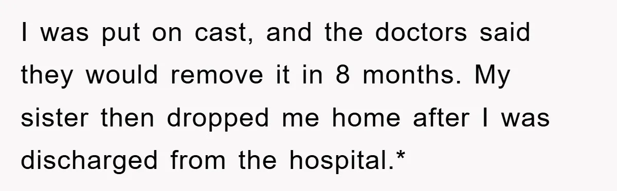 I was put on cast, and the doctors said they would remove it in 8 months. My sister then dropped me home after I was discharged from the hospital.*
