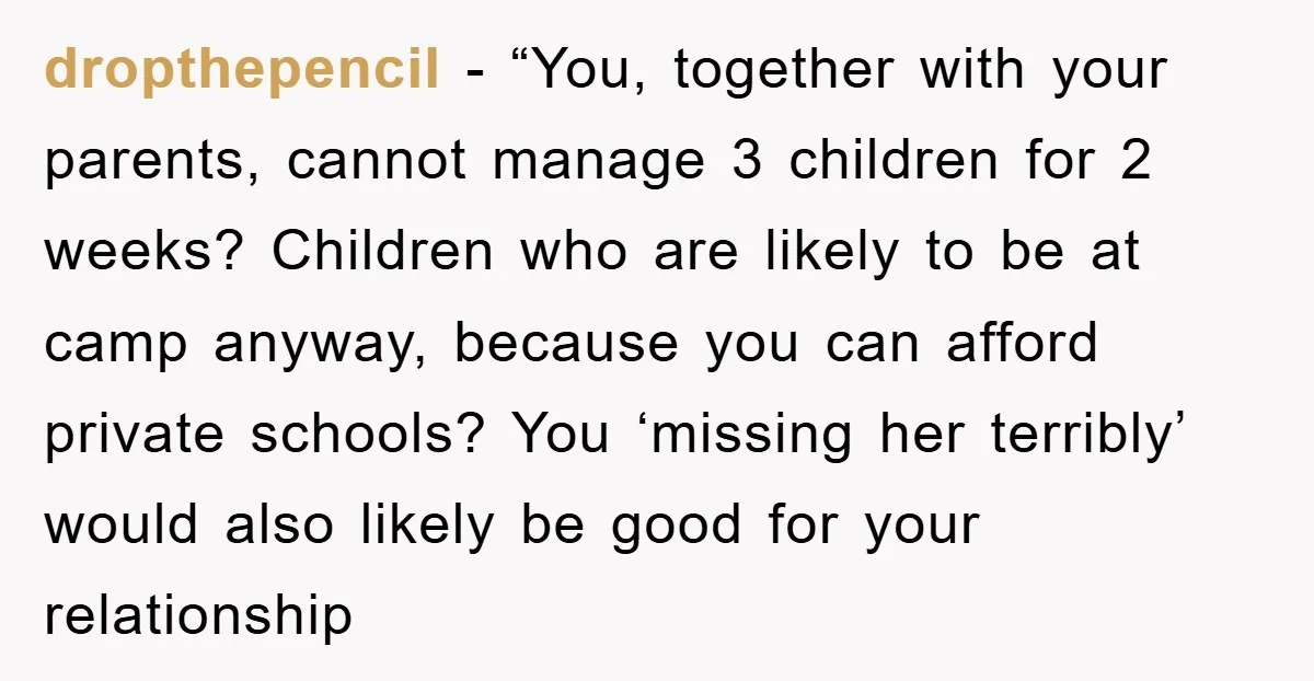 dropthepencil - “You, together with your parents, cannot manage 3 children for 2 weeks? Children who are likely to be at camp anyway, because you can afford private schools? You...