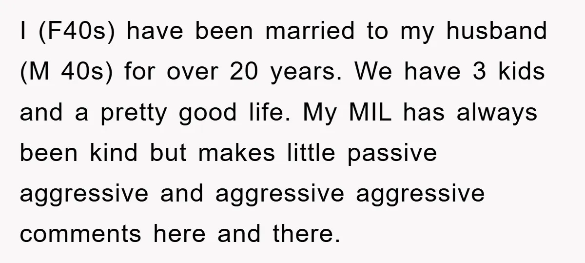 I (F40s) have been married to my husband (M 40s) for over 20 years. We have 3 kids and a pretty good life. My MIL has always been kind but...