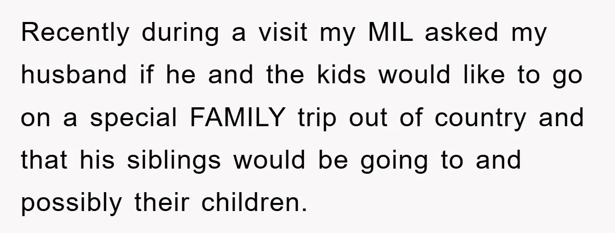 Recently during a visit my MIL asked my husband if he and the kids would like to go on a special FAMILY trip out of country and that his siblings...