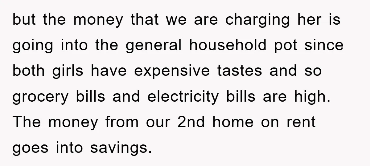 but the money that we are charging her is going into the general household pot since both girls have expensive tastes and so grocery bills and electricity bills are high....