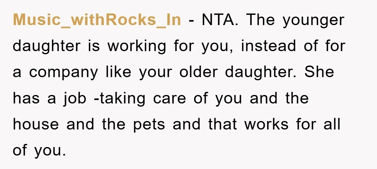 Music_withRocks_In − NTA. The younger daughter is working for you, instead of for a company like your older daughter. She has a job -taking care of you and the house...