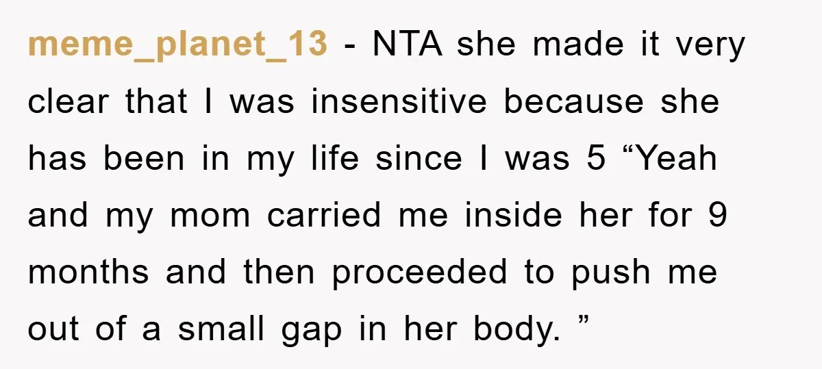 meme_planet_13 − NTA she made it very clear that I was insensitive because she has been in my life since I was 5 “Yeah and my mom carried me inside...