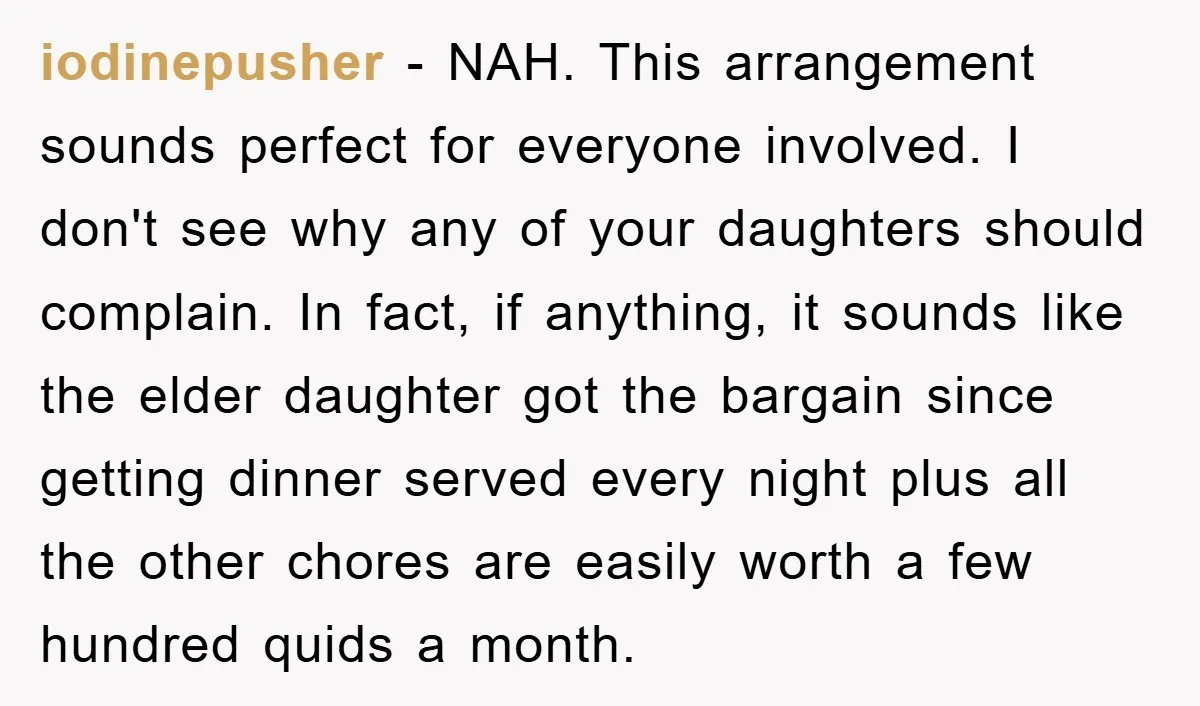 iodinepusher − NAH. This arrangement sounds perfect for everyone involved. I don't see why any of your daughters should complain. In fact, if anything, it sounds like the elder daughter...