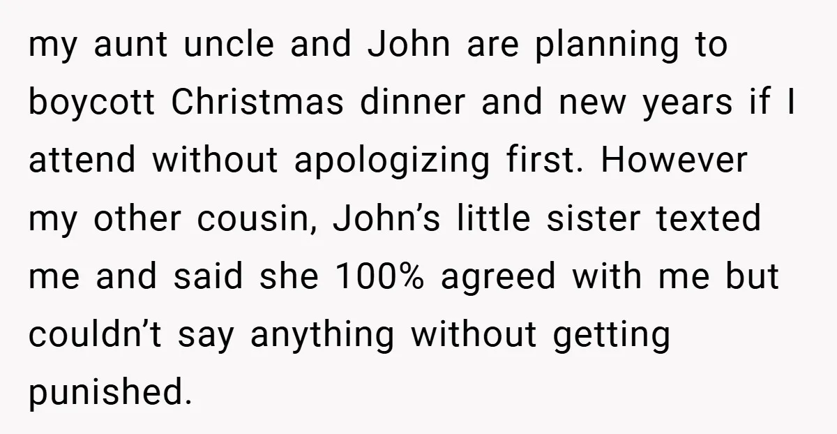 my aunt uncle and John are planning to boycott Christmas dinner and new years if I attend without apologizing first. However my other cousin, John’s little sister texted me and...