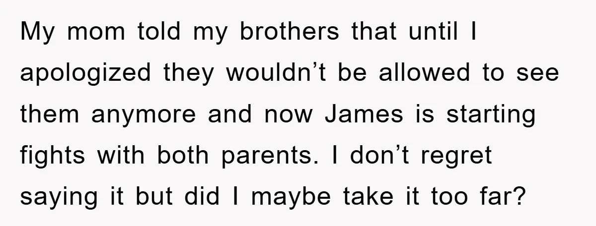 My mom told my brothers that until I apologized they wouldn’t be allowed to see them anymore and now James is starting fights with both parents. I don’t regret saying...