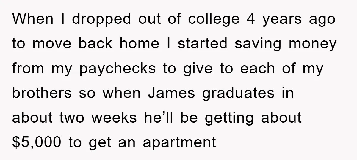 When I dropped out of college 4 years ago to move back home I started saving money from my paychecks to give to each of my brothers so when James...