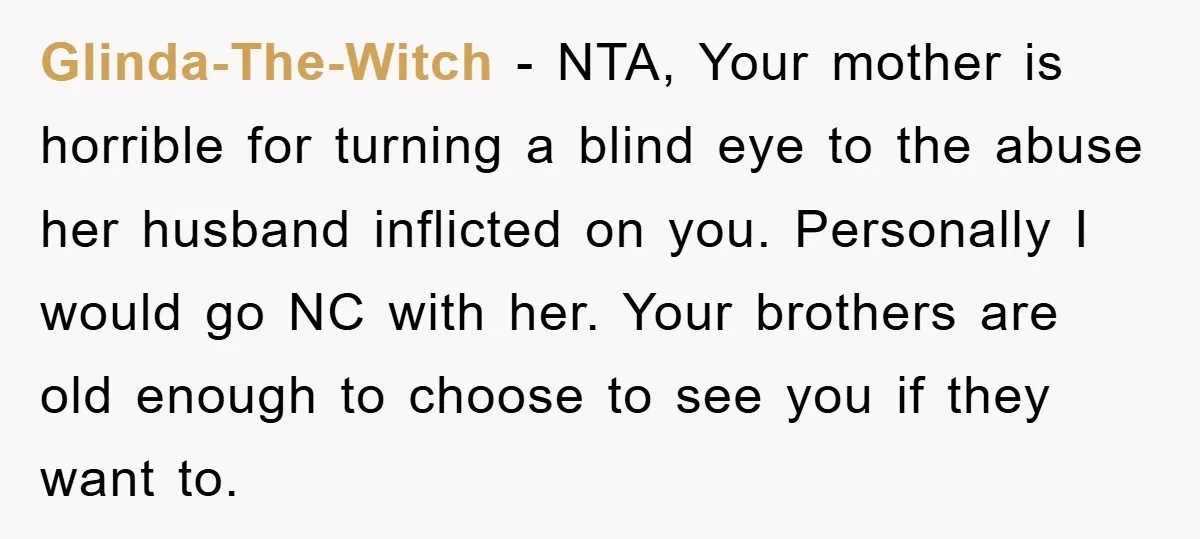 Glinda-The-Witch − NTA, Your mother is horrible for turning a blind eye to the abuse her husband inflicted on you. Personally I would go NC with her. Your brothers are...