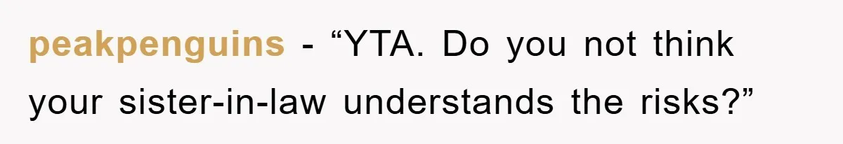 peakpenguins - “YTA. Do you not think your sister-in-law understands the risks?”