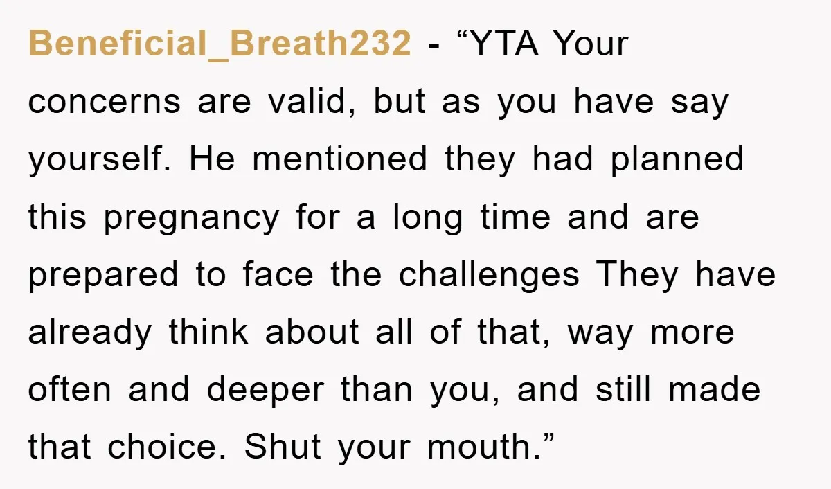 Beneficial_Breath232 - “YTA Your concerns are valid, but as you have say yourself. He mentioned they had planned this pregnancy for a long time and are prepared to face the...
