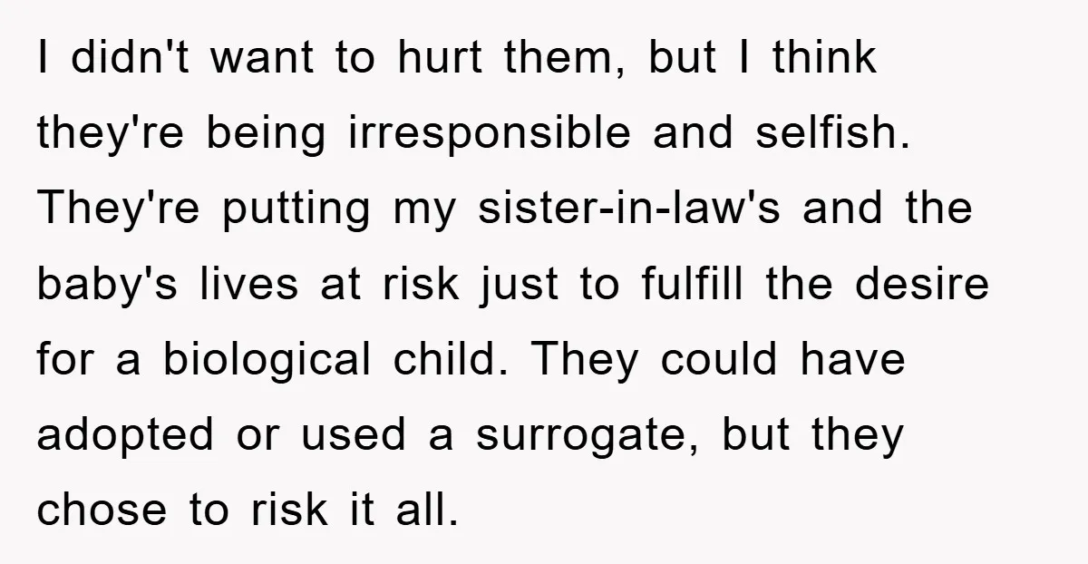 I didn't want to hurt them, but I think they're being irresponsible and selfish. They're putting my sister-in-law's and the baby's lives at risk just to fulfill the desire for...