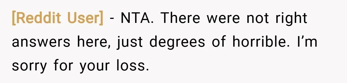 [Reddit User] − NTA. There were not right answers here, just degrees of horrible. I’m sorry for your loss.