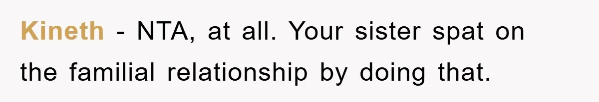 Kineth − NTA, at all. Your sister spat on the familial relationship by doing that.