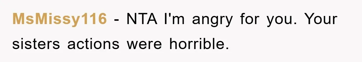 MsMissy116 − NTA I'm angry for you. Your sisters actions were horrible.