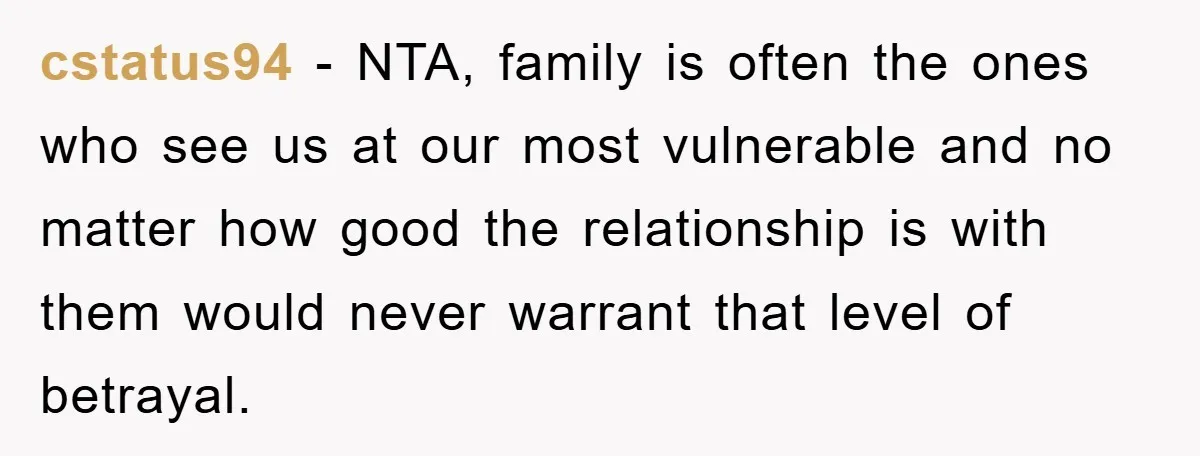 cstatus94 − NTA, family is often the ones who see us at our most vulnerable and no matter how good the relationship is with them would never warrant that level...