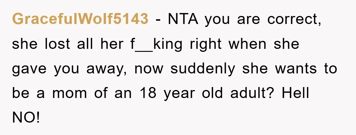 GracefulWolf5143 − NTA you are correct, she lost all her f__king right when she gave you away, now suddenly she wants to be a mom of an 18 year old...