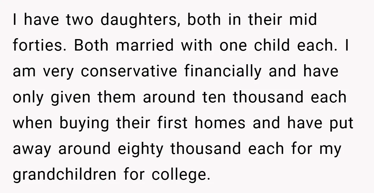 I have two daughters, both in their mid forties. Both married with one child each. I am very conservative financially and have only given them around ten thousand each when...