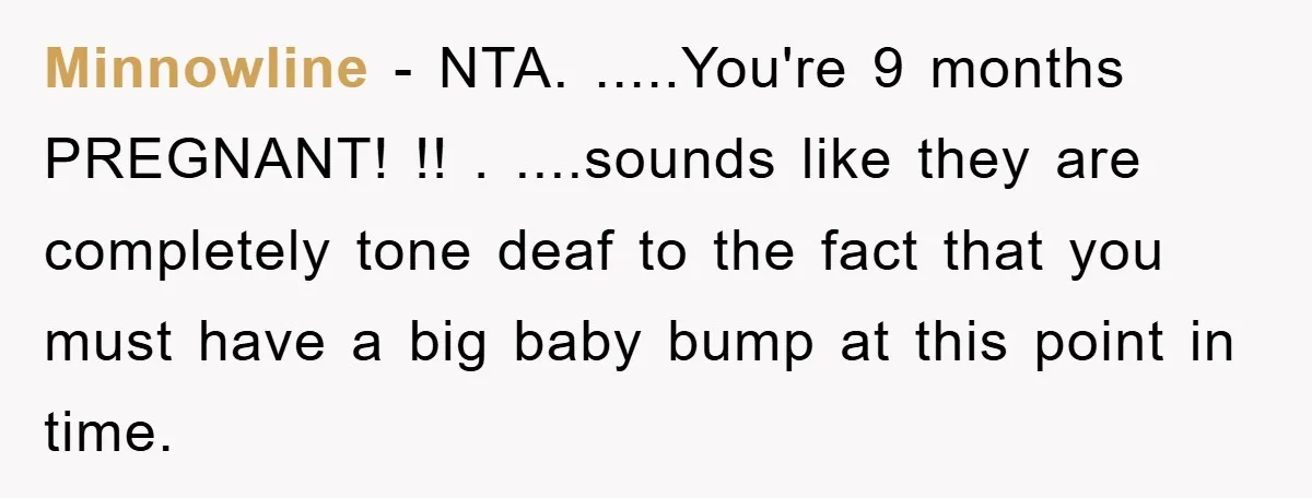Minnowline − NTA. .....You're 9 months PREGNANT! !! . ....sounds like they are completely tone deaf to the fact that you must have a big baby bump at this point...