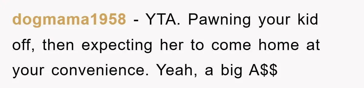 dogmama1958 − YTA. Pawning your kid off, then expecting her to come home at your convenience. Yeah, a big A$$
