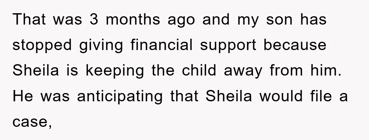 That was 3 months ago and my son has stopped giving financial support because Sheila is keeping the child away from him. He was anticipating that Sheila would file a...