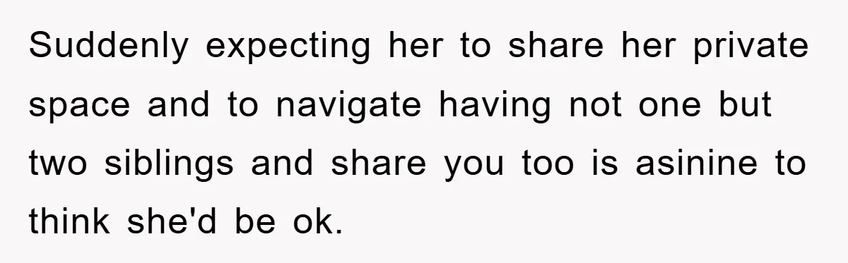 Suddenly expecting her to share her private space and to navigate having not one but two siblings and share you too is asinine to think she'd be ok.