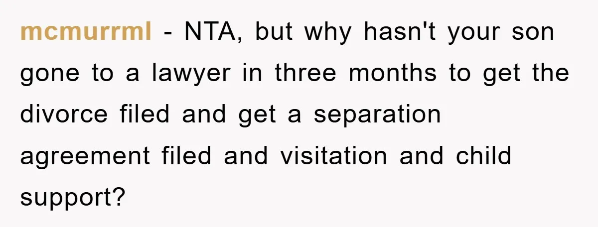 mcmurrml − NTA, but why hasn't your son gone to a lawyer in three months to get the divorce filed and get a separation agreement filed and visitation and child...