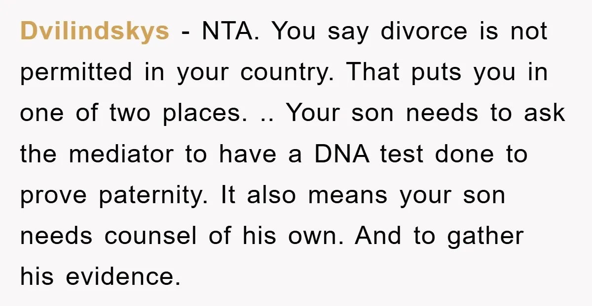 Dvilindskys − NTA. You say divorce is not permitted in your country. That puts you in one of two places. .. Your son needs to ask the mediator to have...