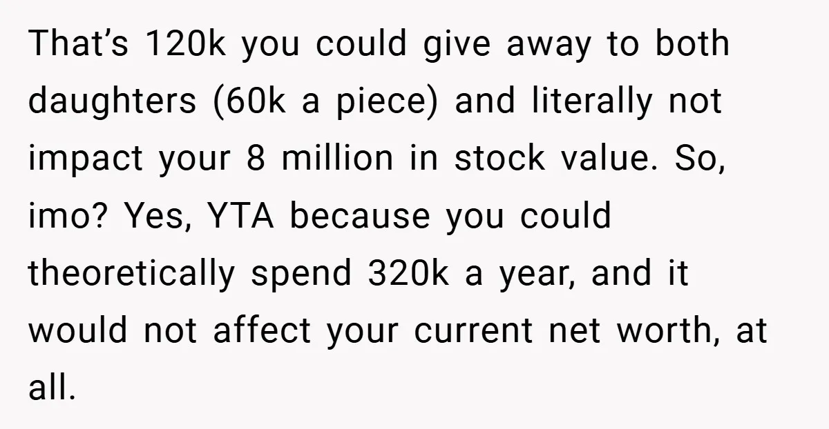 That’s 120k you could give away to both daughters (60k a piece) and literally not impact your 8 million in stock value. So, imo? Yes, YTA because you could theoretically...