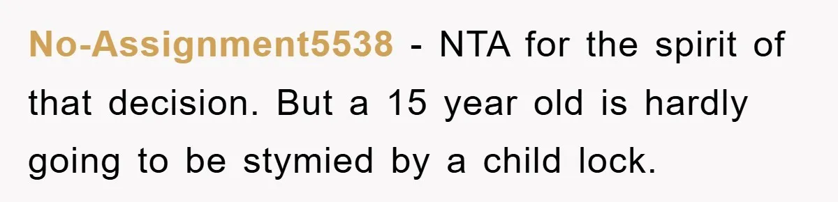 No-Assignment5538 − NTA for the spirit of that decision. But a 15 year old is hardly going to be stymied by a child lock.