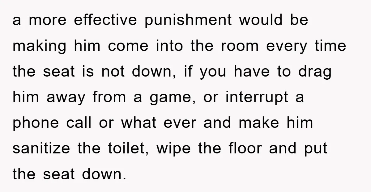 a more effective punishment would be making him come into the room every time the seat is not down, if you have to drag him away from a game, or...