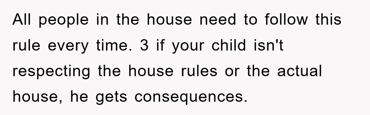 All people in the house need to follow this rule every time. 3 if your child isn't respecting the house rules or the actual house, he gets consequences.