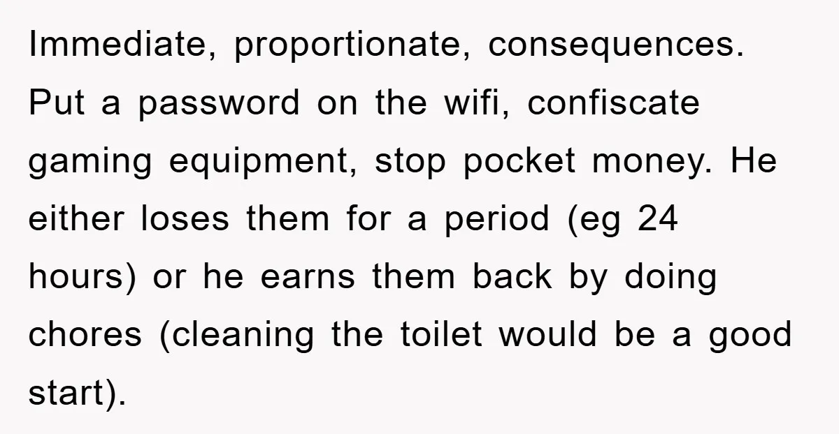 Immediate, proportionate, consequences. Put a password on the wifi, confiscate gaming equipment, stop pocket money. He either loses them for a period (eg 24 hours) or he earns them back...
