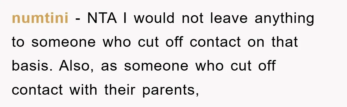 numtini − NTA I would not leave anything to someone who cut off contact on that basis. Also, as someone who cut off contact with their parents,