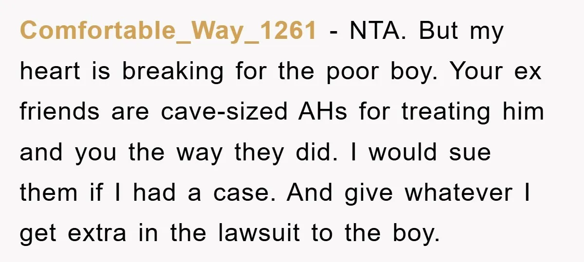 Comfortable_Way_1261 - NTA. But my heart is breaking for the poor boy. Your ex friends are cave-sized AHs for treating him and you the way they did. I would sue...